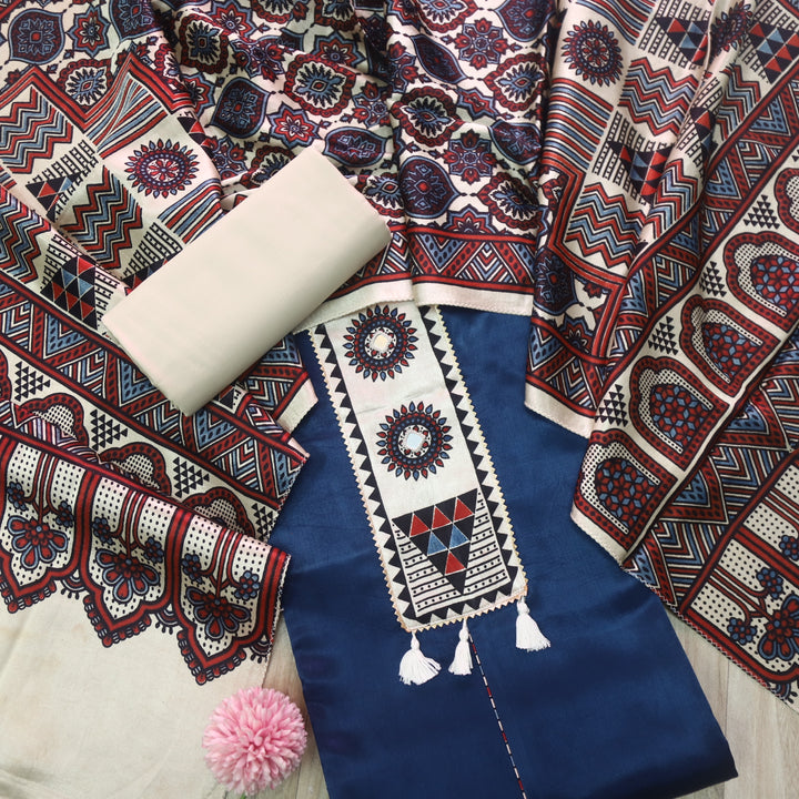 Haniya Blue Mirror Patch Work Mashru Silk Top with Stole Dupatta-D2