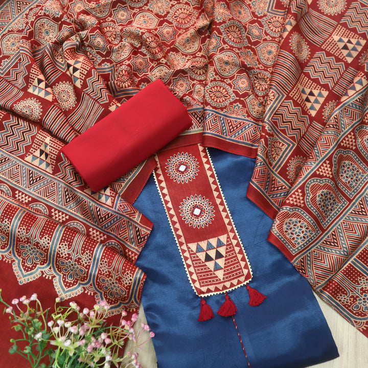 Haniya Denim Blue Mirror Patch Work Mashru Silk Top with Stole Dupatta