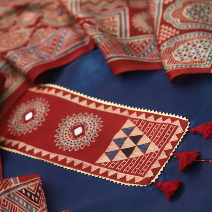 Haniya Denim Blue Mirror Patch Work Mashru Silk Top with Stole Dupatta