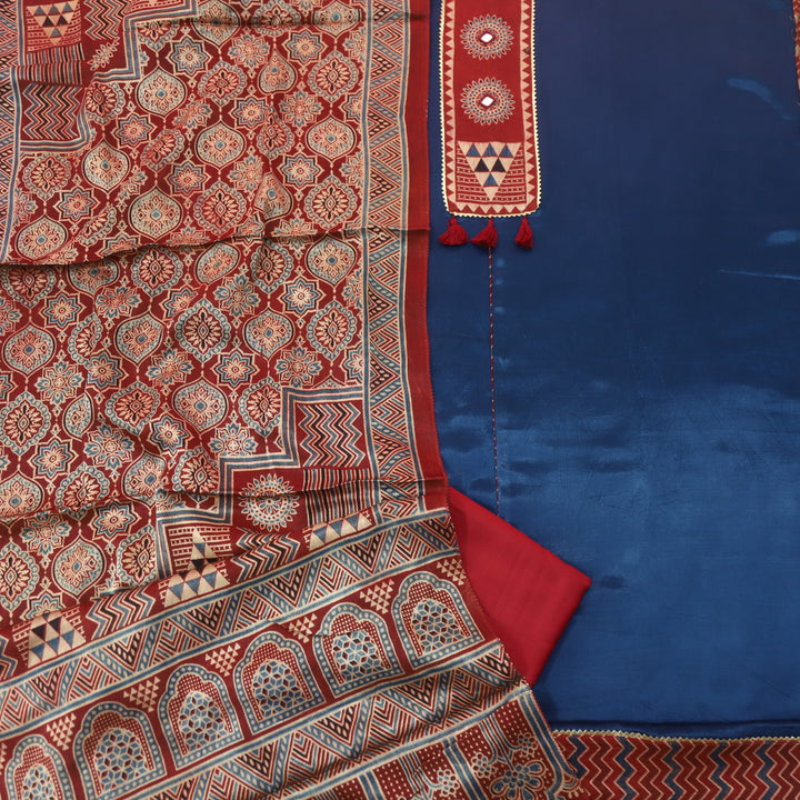 Haniya Denim Blue Mirror Patch Work Mashru Silk Top with Stole Dupatta