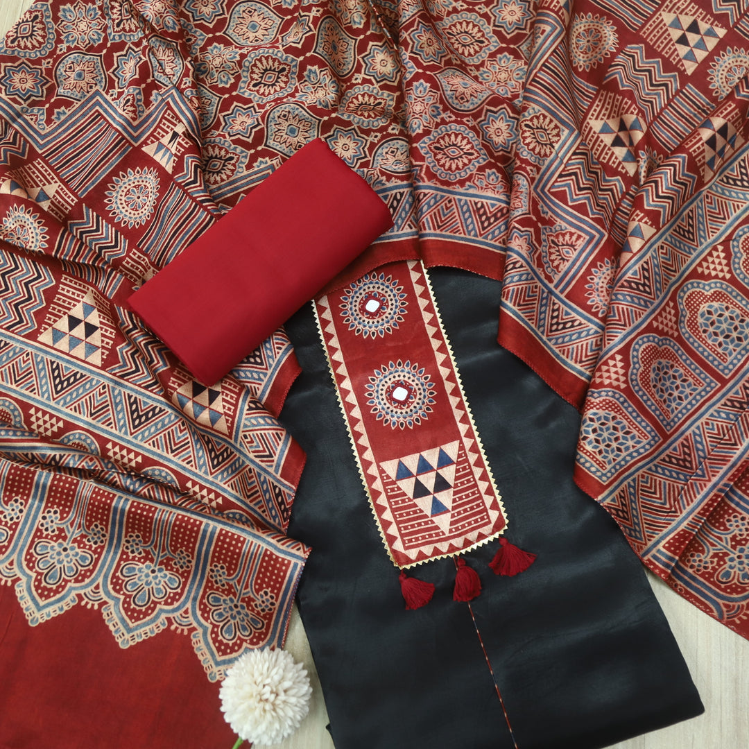 Haniya Raven Black Mirror Patch Work Mashru Silk Top with Stole Dupatta
