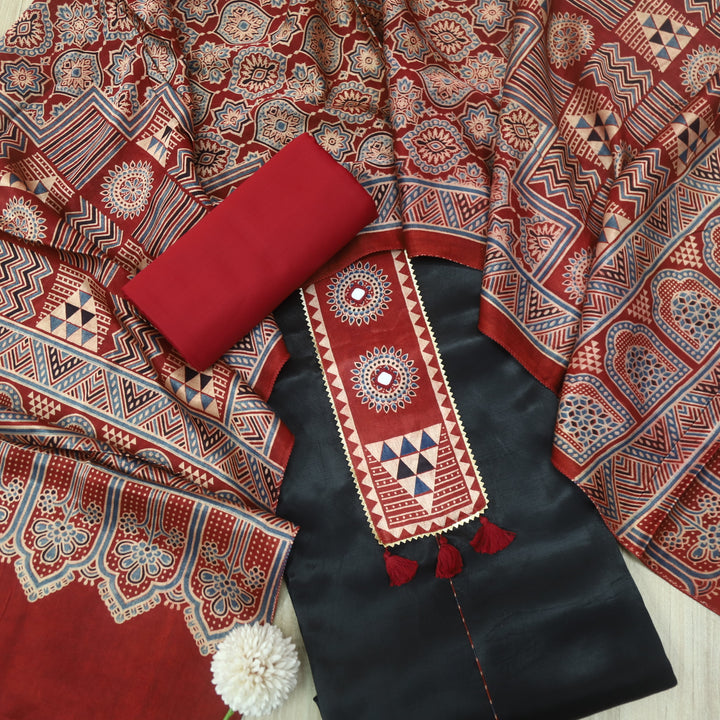 Haniya Raven Black Mirror Patch Work Mashru Silk Top with Stole Dupatta