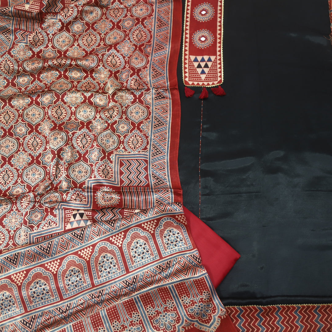 Haniya Raven Black Mirror Patch Work Mashru Silk Top with Stole Dupatta