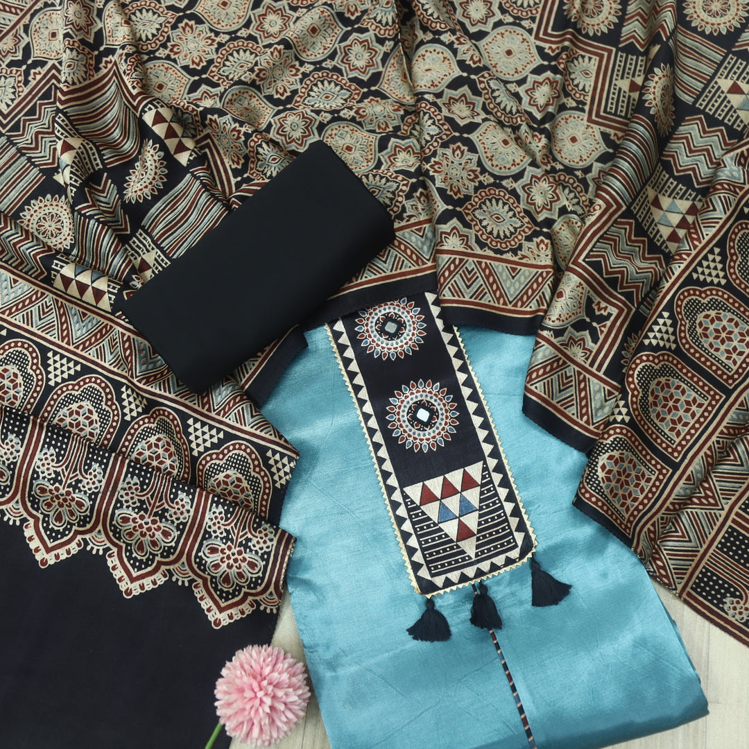Haniya Teal Blue Mirror Patch Work Mashru Silk Top with Stole Dupatta