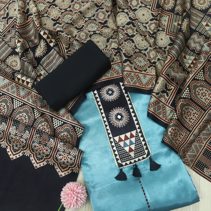 Haniya Teal Blue Mirror Patch Work Mashru Silk Top with Stole Dupatta
