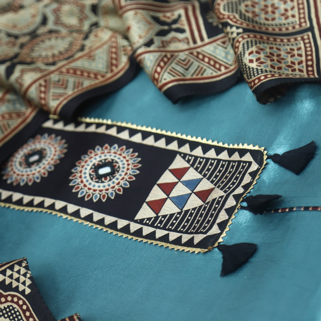 Haniya Teal Blue Mirror Patch Work Mashru Silk Top with Stole Dupatta