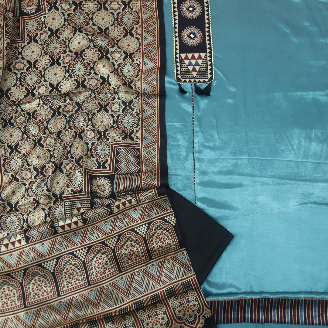 Haniya Teal Blue Mirror Patch Work Mashru Silk Top with Stole Dupatta