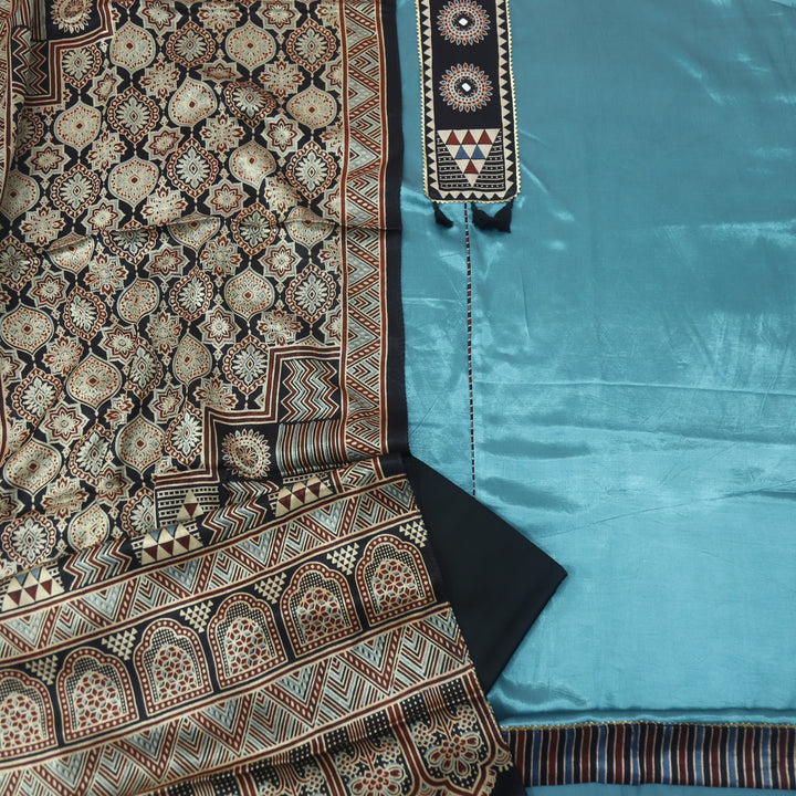 Haniya Teal Blue Mirror Patch Work Mashru Silk Top with Stole Dupatta