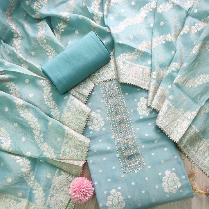 Darmiyan Stone Blue Embellished Neck Work in Shimmer Tissue Silk Suit Set