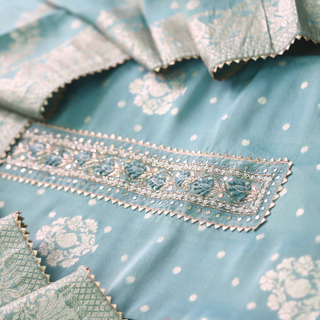 Darmiyan Stone Blue Embellished Neck Work in Shimmer Tissue Silk Suit Set
