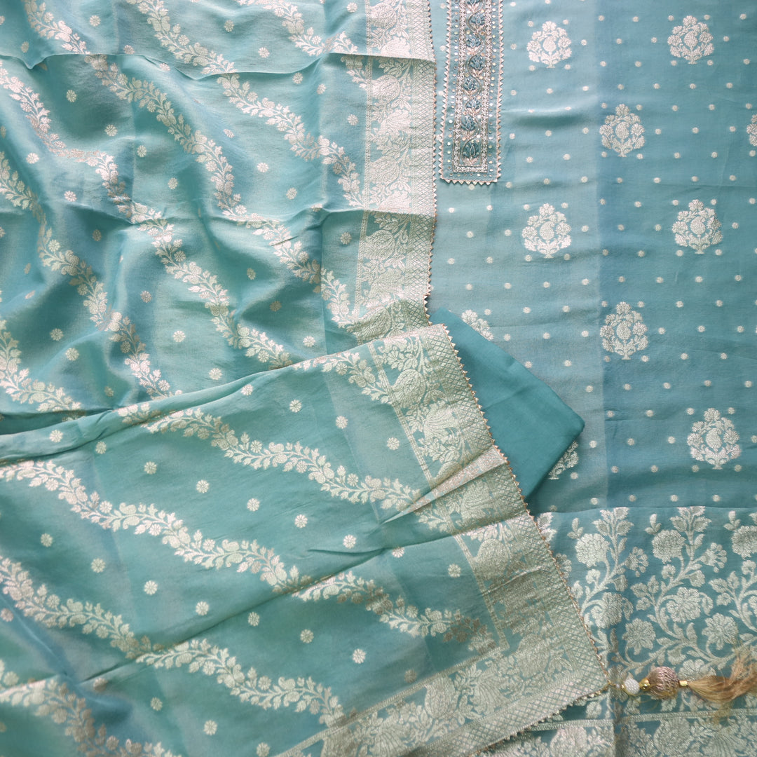 Darmiyan Stone Blue Embellished Neck Work in Shimmer Tissue Silk Suit Set