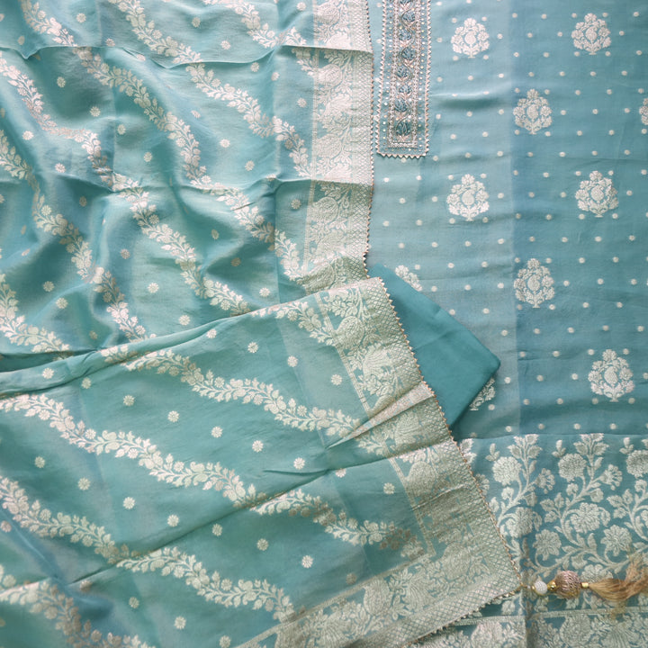 Darmiyan Stone Blue Embellished Neck Work in Shimmer Tissue Silk Suit Set