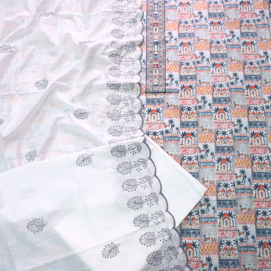 Rushna Base White With Colorfull Digital Printed Cotton Suit Set