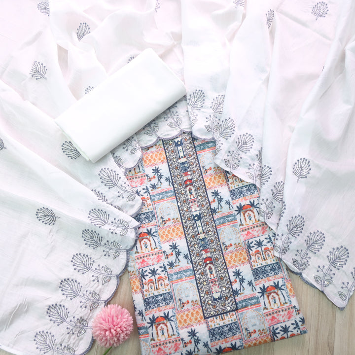 Rushna Base White With Colorfull Digital Printed Cotton Suit Set