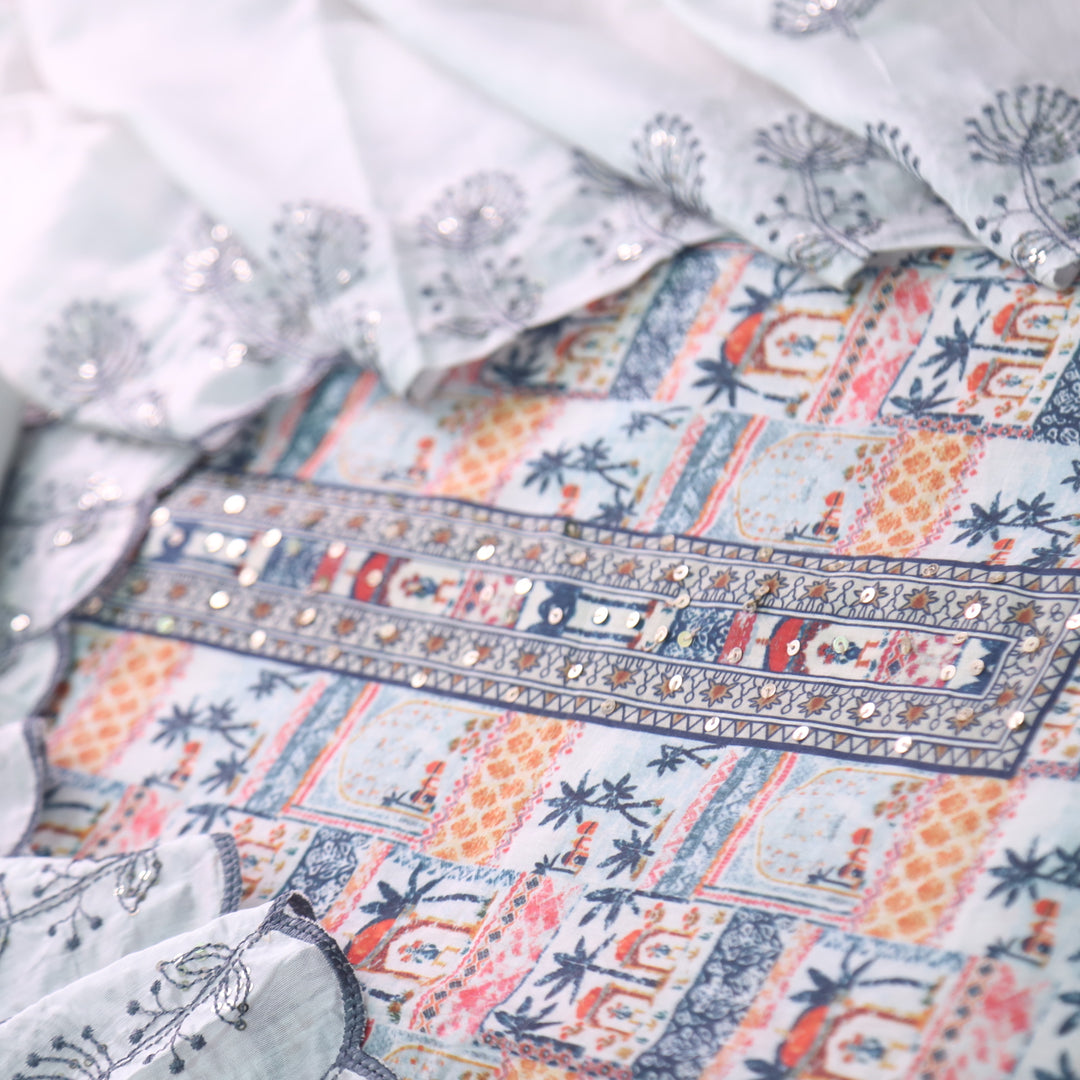Rushna Base White With Colorfull Digital Printed Cotton Suit Set
