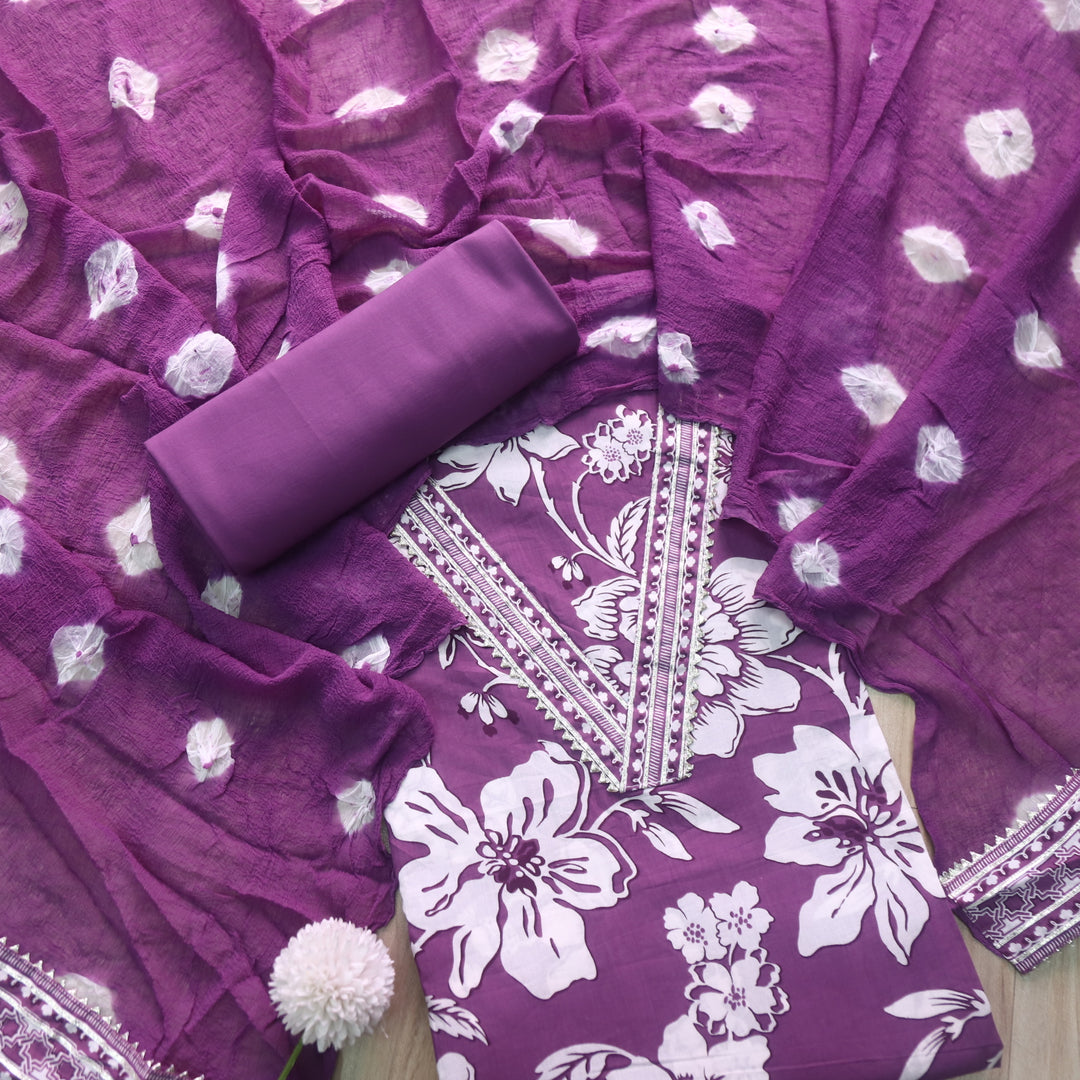 Rahi Mauve With White Digital Floral Printed V Neck Cotton Suit Set