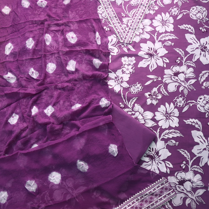 Rahi Mauve With White Digital Floral Printed V Neck Cotton Suit Set