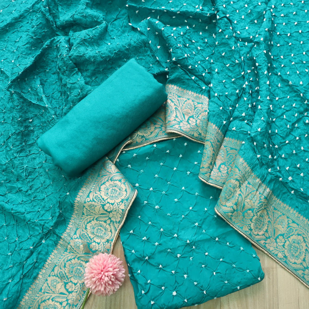 Bahaar Turquoise Blue All Over Bandhej Work Crepe Silk Suit