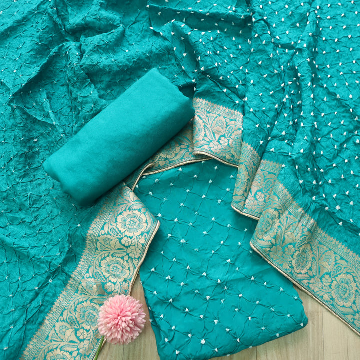Bahaar Turquoise Blue All Over Bandhej Work Crepe Silk Suit