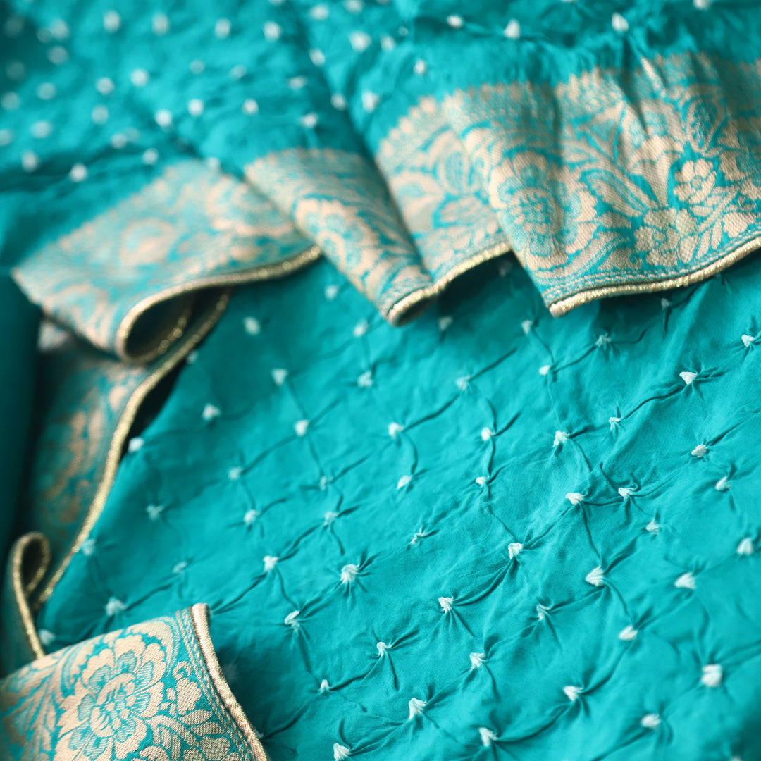 Bahaar Turquoise Blue All Over Bandhej Work Crepe Silk Suit