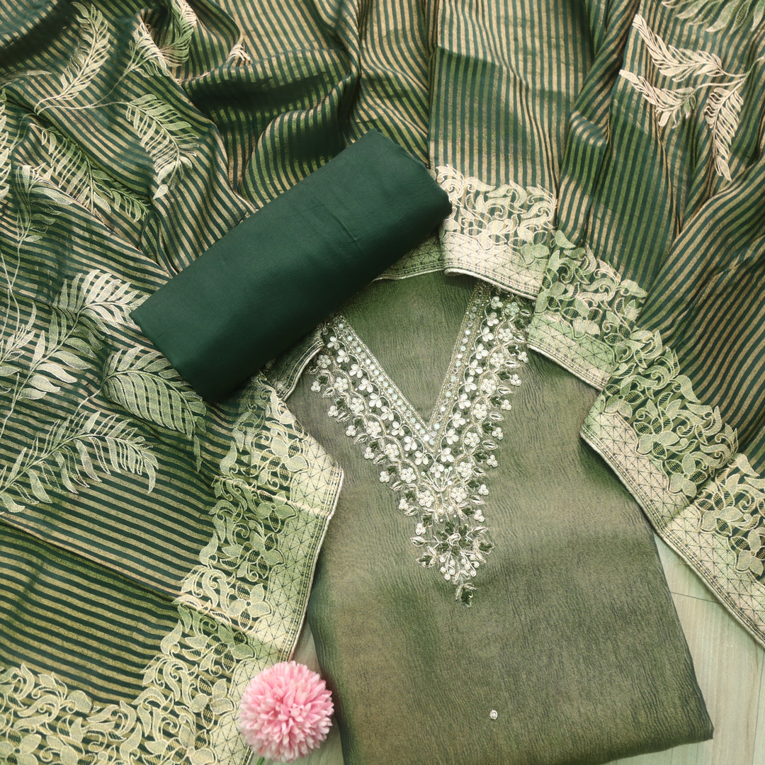 Falak Chrome Green V Embellished Neck Work in Shimmer Tissue Silk Suit Set