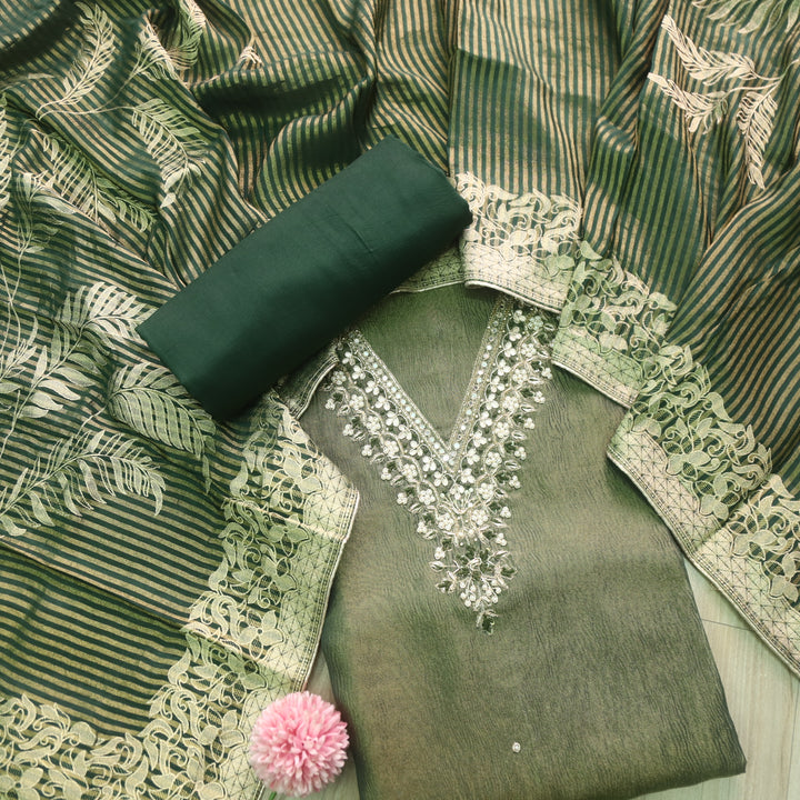 Falak Chrome Green V Embellished Neck Work in Shimmer Tissue Silk Suit Set