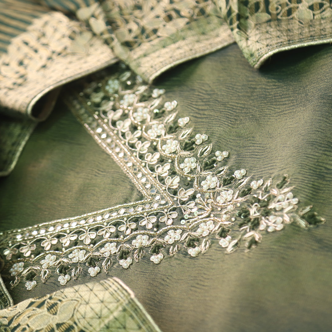 Falak Chrome Green V Embellished Neck Work in Shimmer Tissue Silk Suit Set