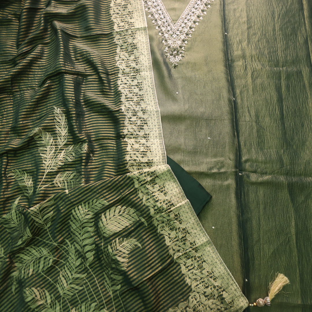 Falak Chrome Green V Embellished Neck Work in Shimmer Tissue Silk Suit Set
