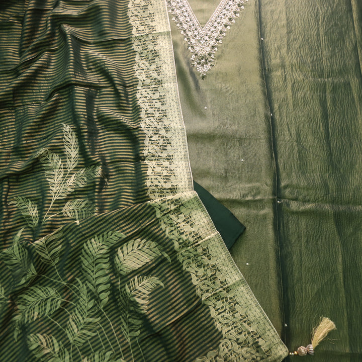 Falak Chrome Green V Embellished Neck Work in Shimmer Tissue Silk Suit Set