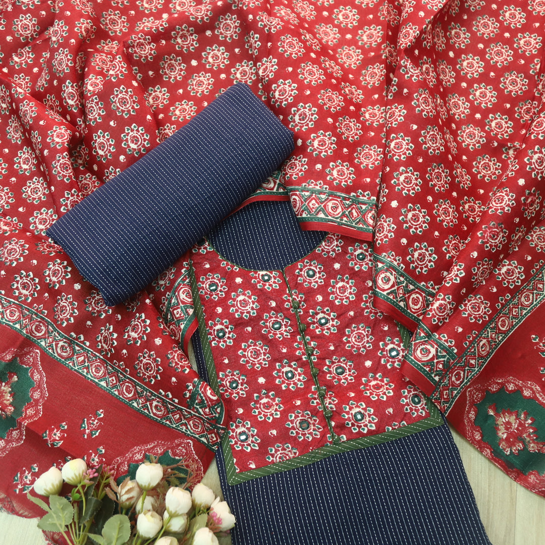 Rukshat Navy Blue with Printed Patch Neck Running Stitch Cotton Suit Set