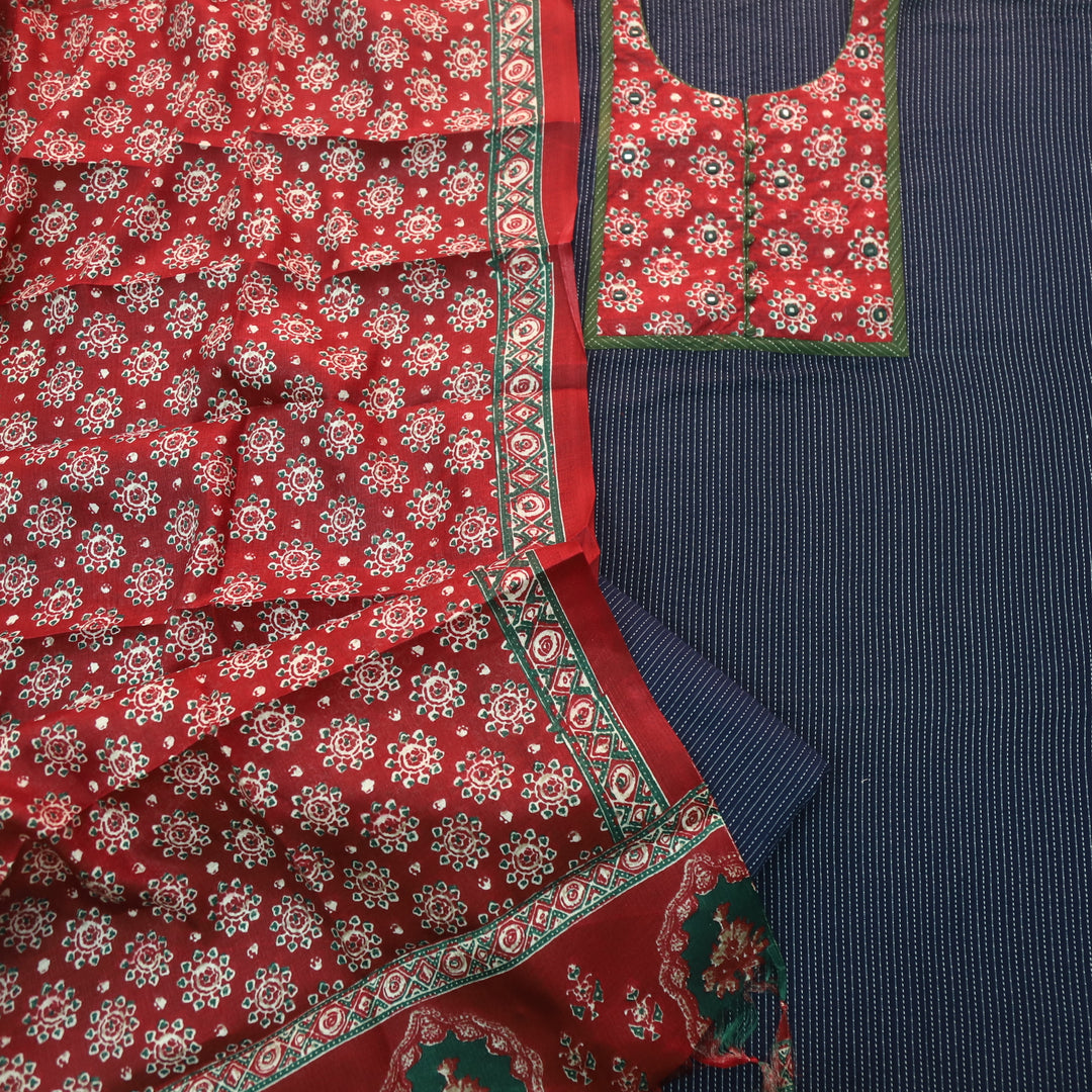Rukshat Navy Blue with Printed Patch Neck Running Stitch Cotton Suit Set