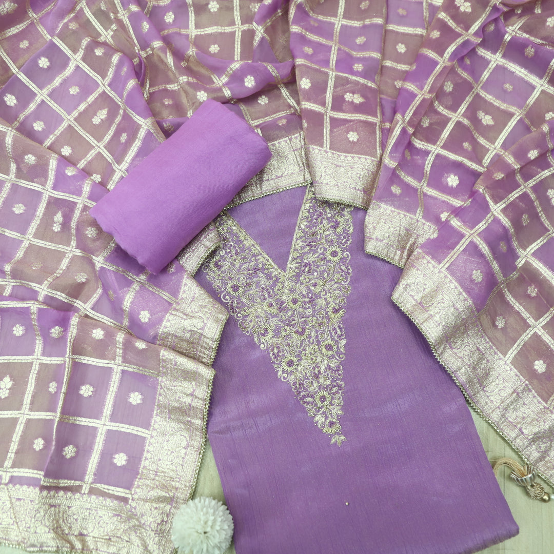 Falak Lavender Purple V Embellished Neck Work in Crush Tissue Silk Suit Set