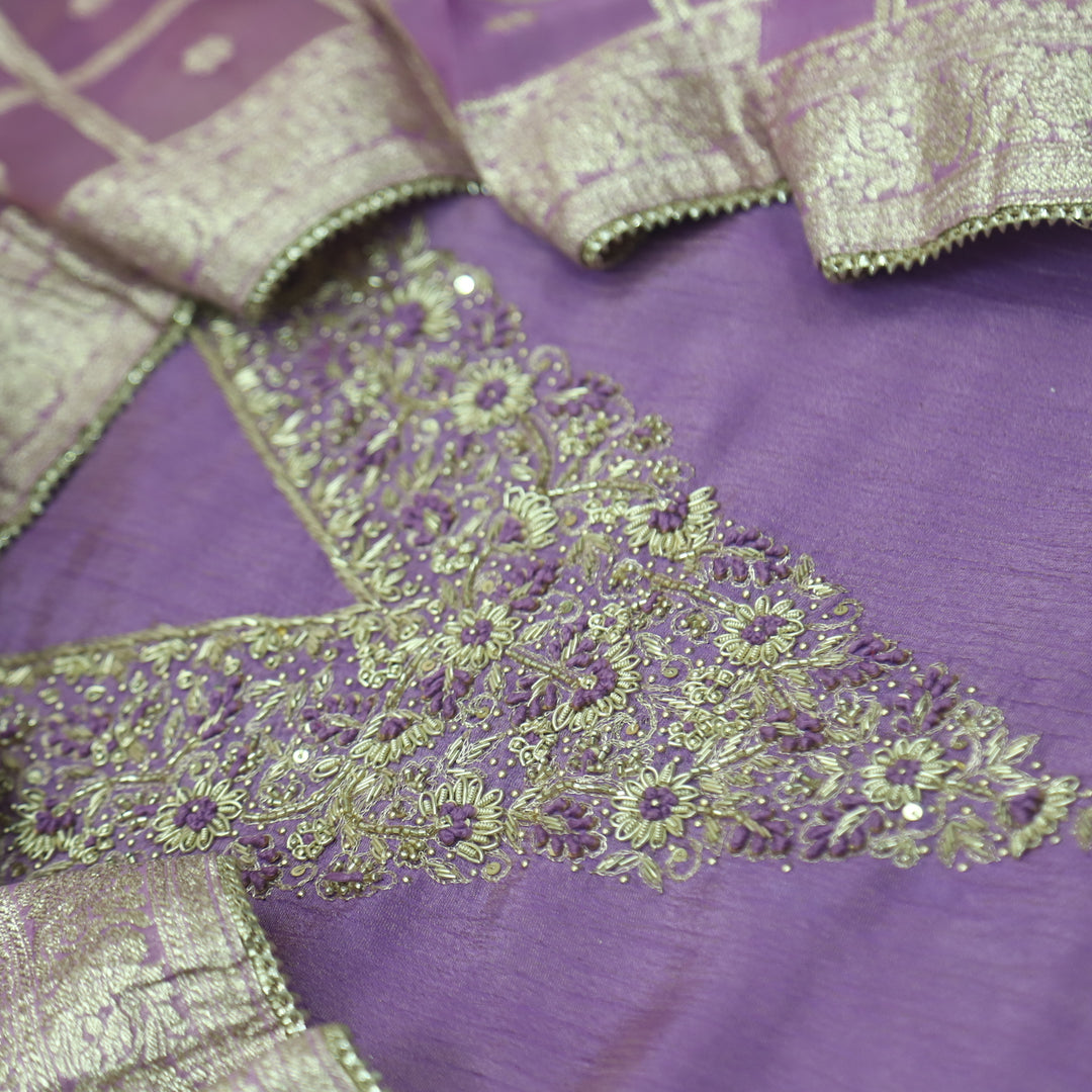 Falak Lavender Purple V Embellished Neck Work in Crush Tissue Silk Suit Set