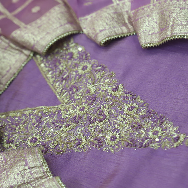 Falak Lavender Purple V Embellished Neck Work in Crush Tissue Silk Suit Set