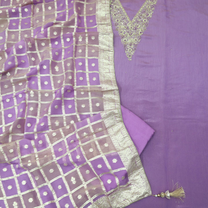Falak Lavender Purple V Embellished Neck Work in Crush Tissue Silk Suit Set