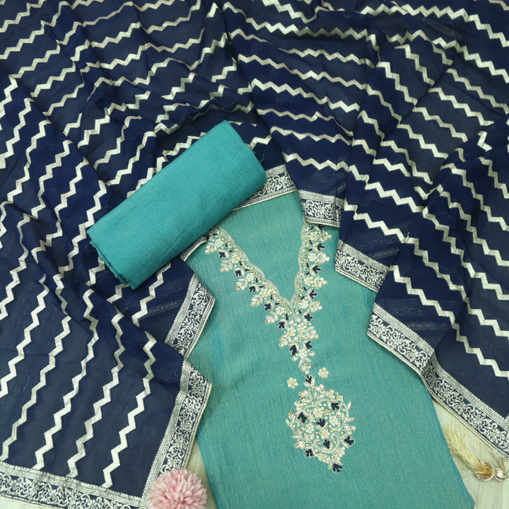 Falak Teal Blue V Embellished Work Neck in Crush Tissue Silk Suit Set