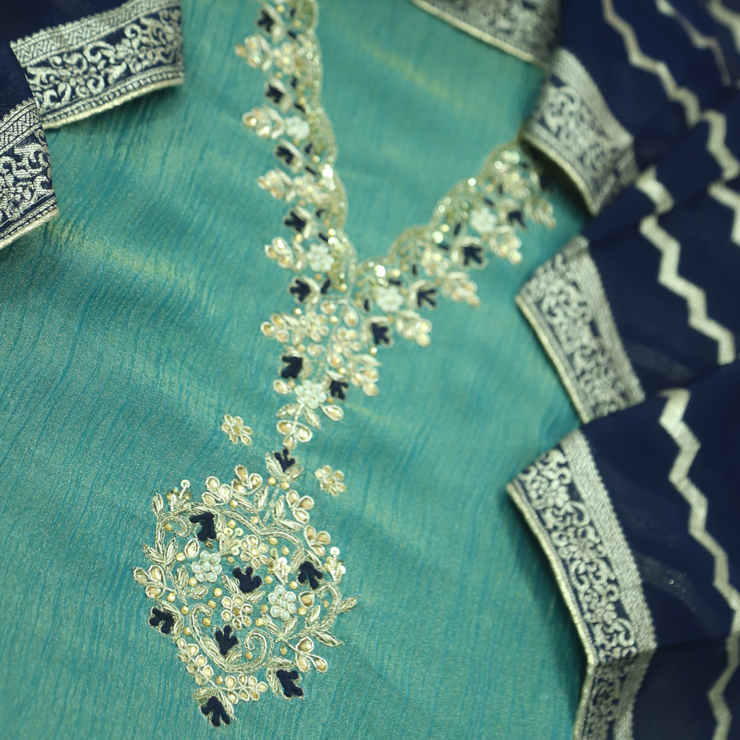 Falak Teal Blue V Embellished Work Neck in Crush Tissue Silk Suit Set