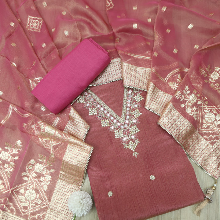 Falak Mauve Pink V Desginer Neck with Kardana in Crush Tissue Silk Suit Set
