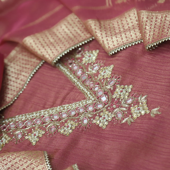 Falak Mauve Pink V Desginer Neck with Kardana in Crush Tissue Silk Suit Set