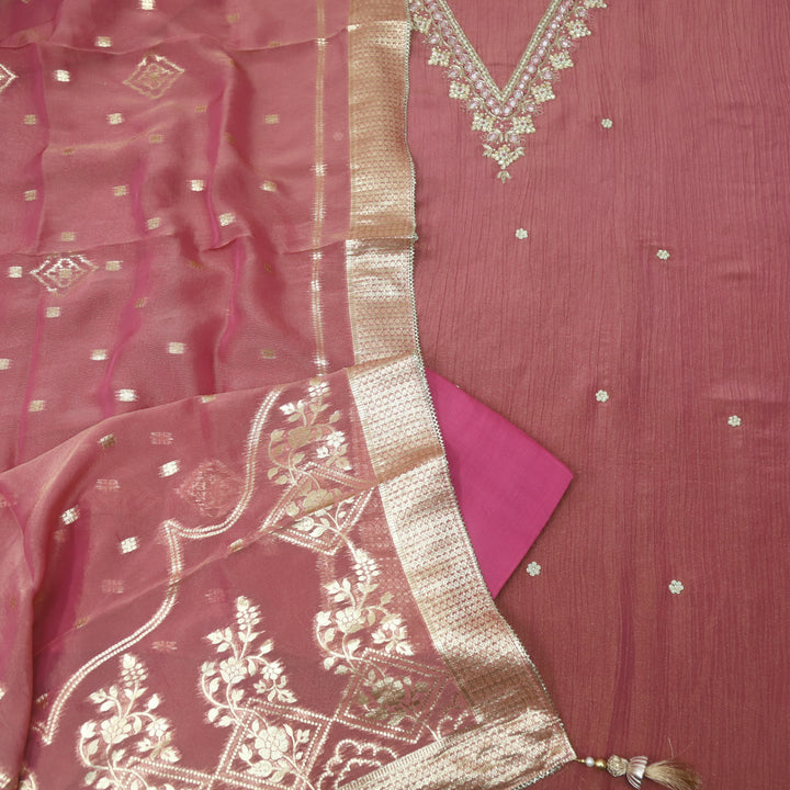 Falak Mauve Pink V Desginer Neck with Kardana in Crush Tissue Silk Suit Set