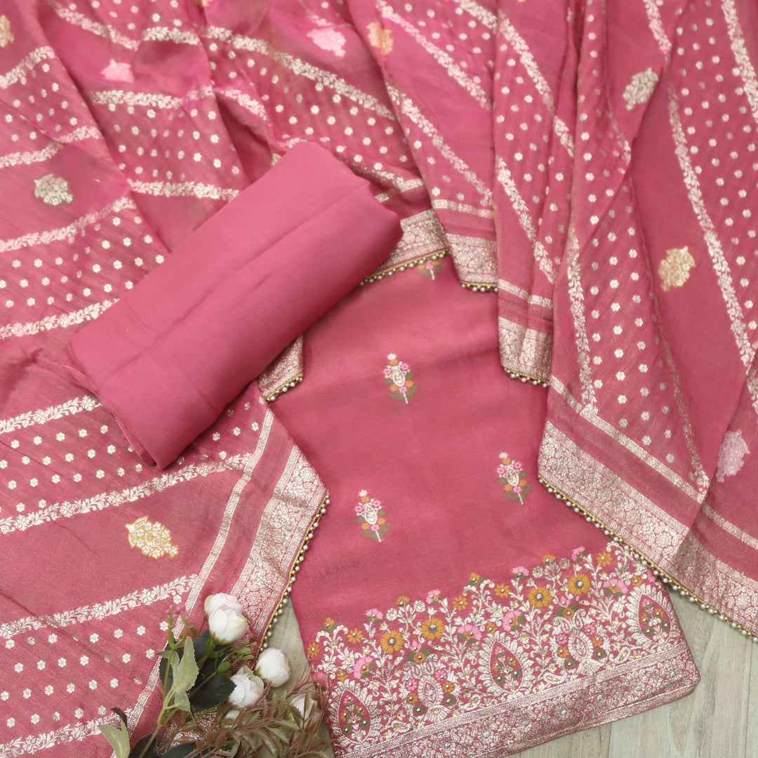 Falak Rouge Pink Brocade Work Hem Shimmer Tissue Silk Suit Set