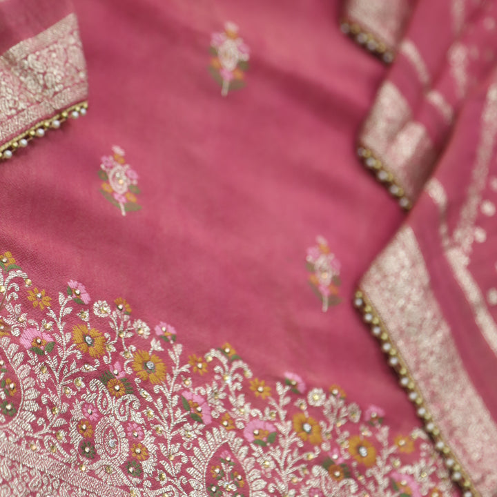 Falak Rouge Pink Brocade Work Hem Shimmer Tissue Silk Suit Set