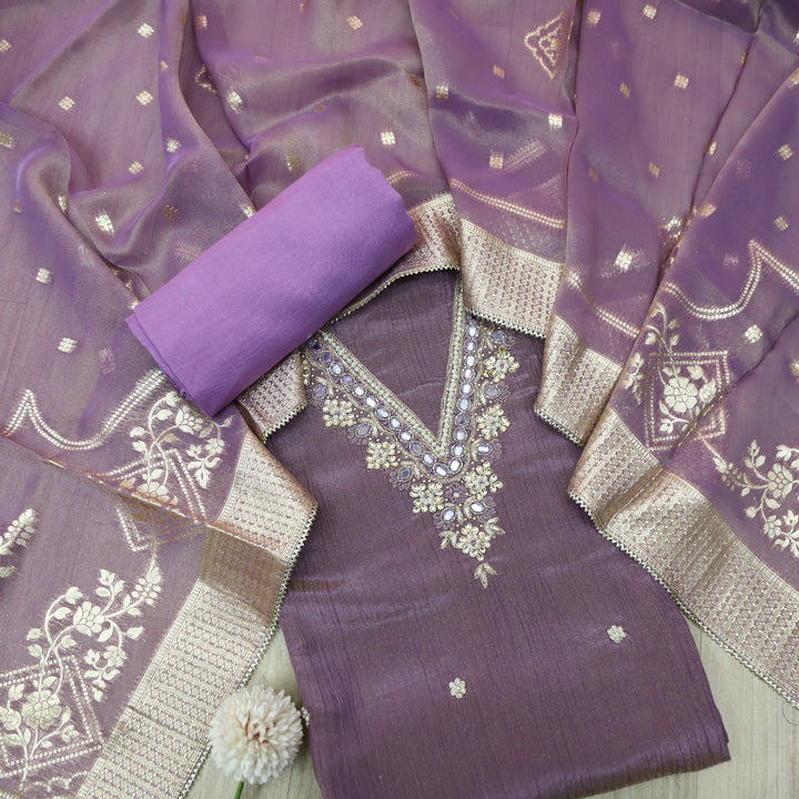 Falak Helio Purple V Desginer Neck with Kardana in Crush Tissue Silk Suit Set