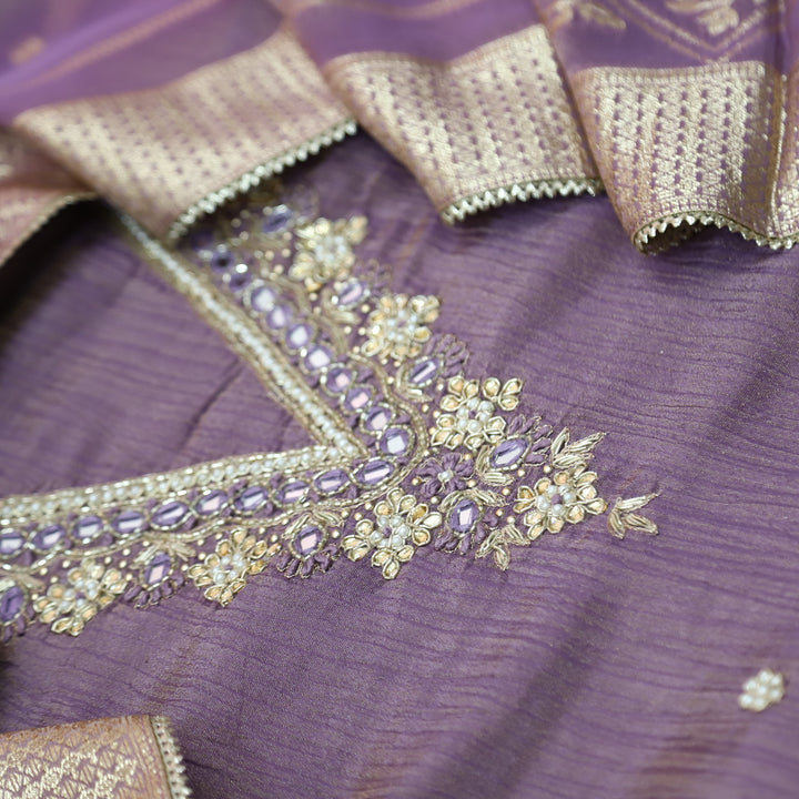 Falak Helio Purple V Desginer Neck with Kardana in Crush Tissue Silk Suit Set