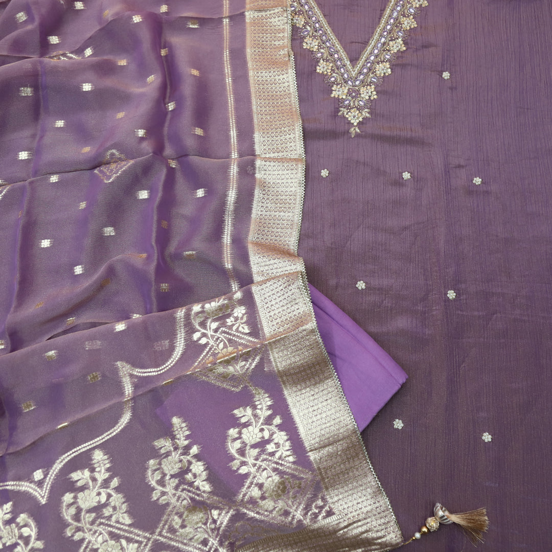 Falak Helio Purple V Desginer Neck with Kardana in Crush Tissue Silk Suit Set