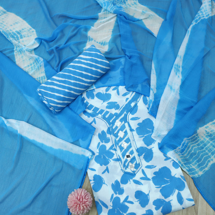 Paakija Baby Blue Floral Printed with Mirror Work Cotton Suit Set