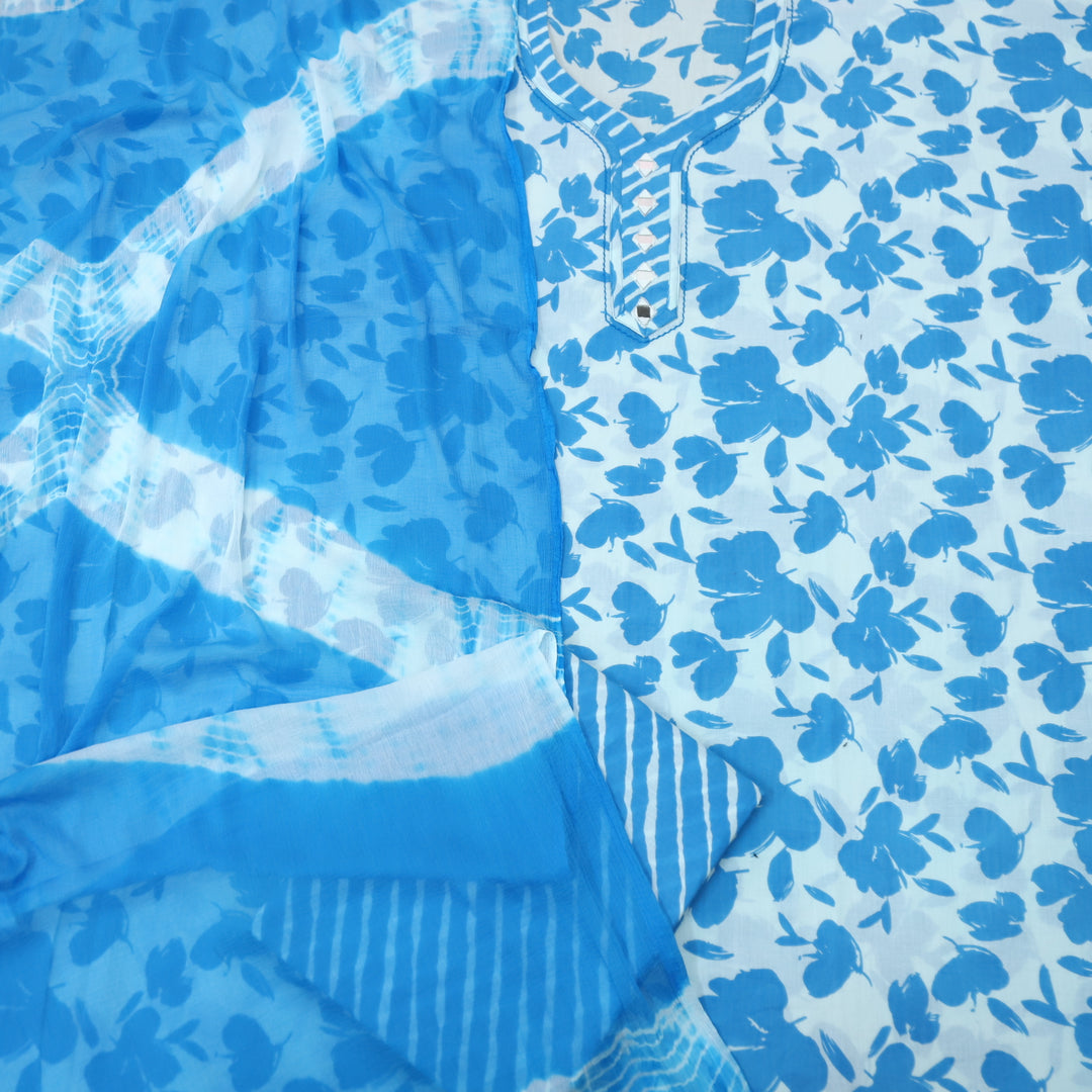 Paakija Baby Blue Floral Printed with Mirror Work Cotton Suit Set