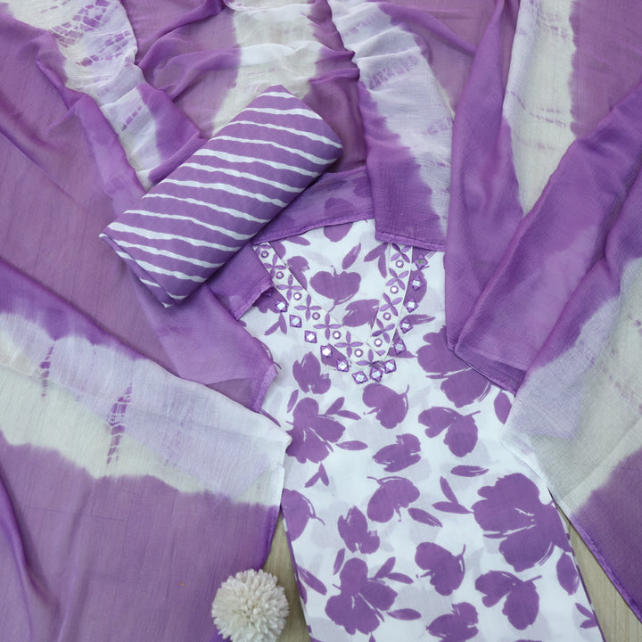 Paakija Lavender Floral Printed with V Neck Mirror Lace Cotton Suit Set