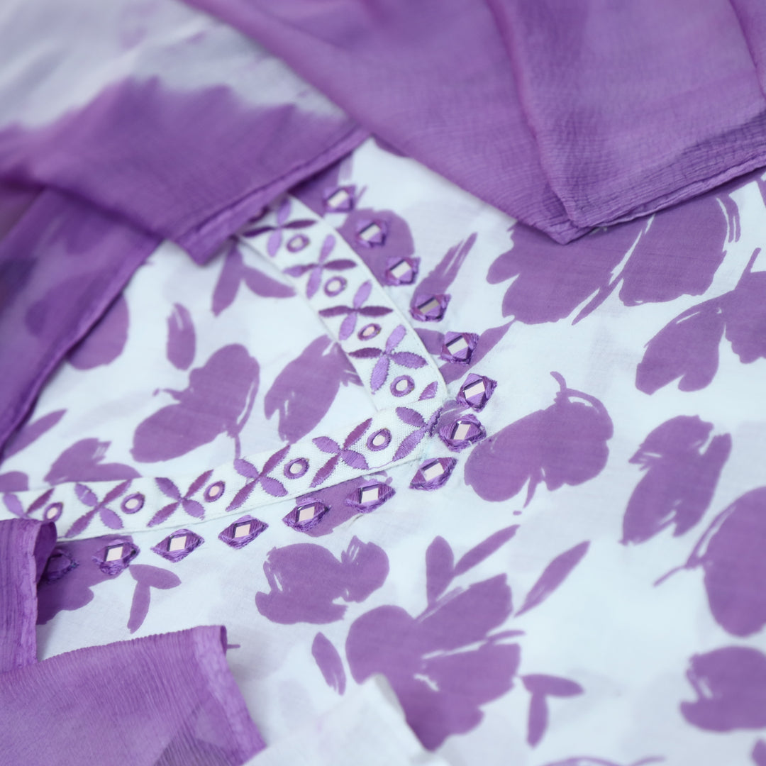 Paakija Lavender Floral Printed with V Neck Mirror Lace Cotton Suit Set