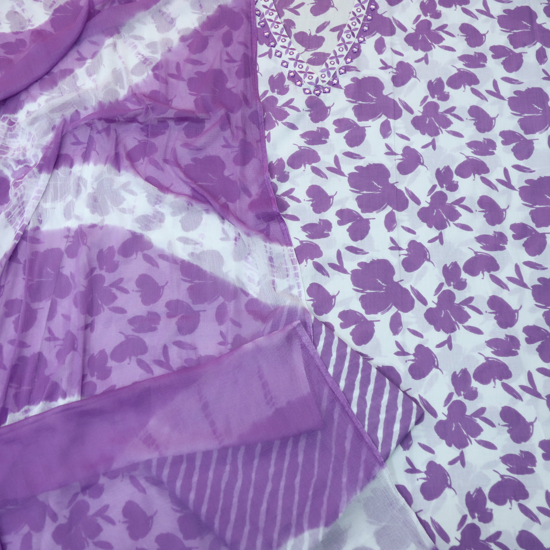 Paakija Lavender Floral Printed with V Neck Mirror Lace Cotton Suit Set